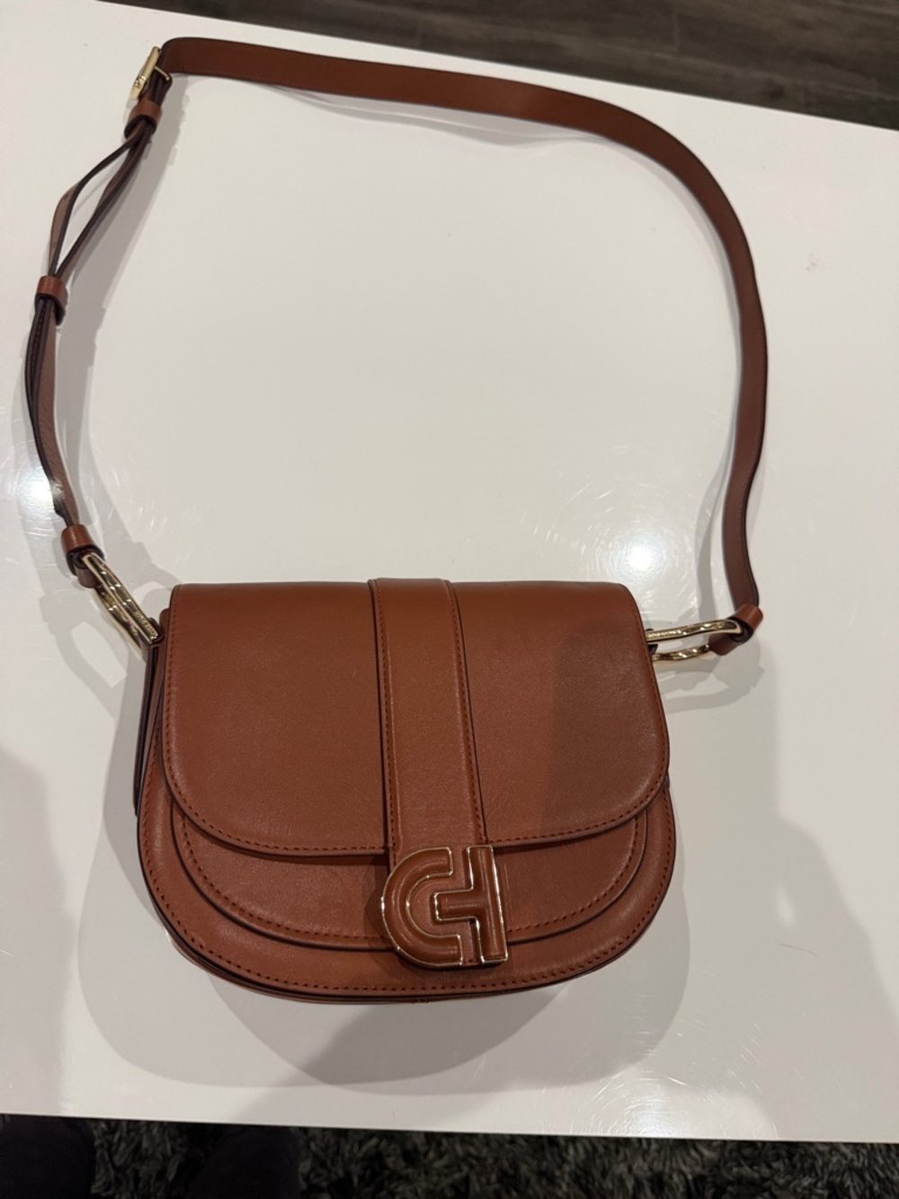 Cole Haan Chestnut Brown Leather Crossbody with Gold CH Logo